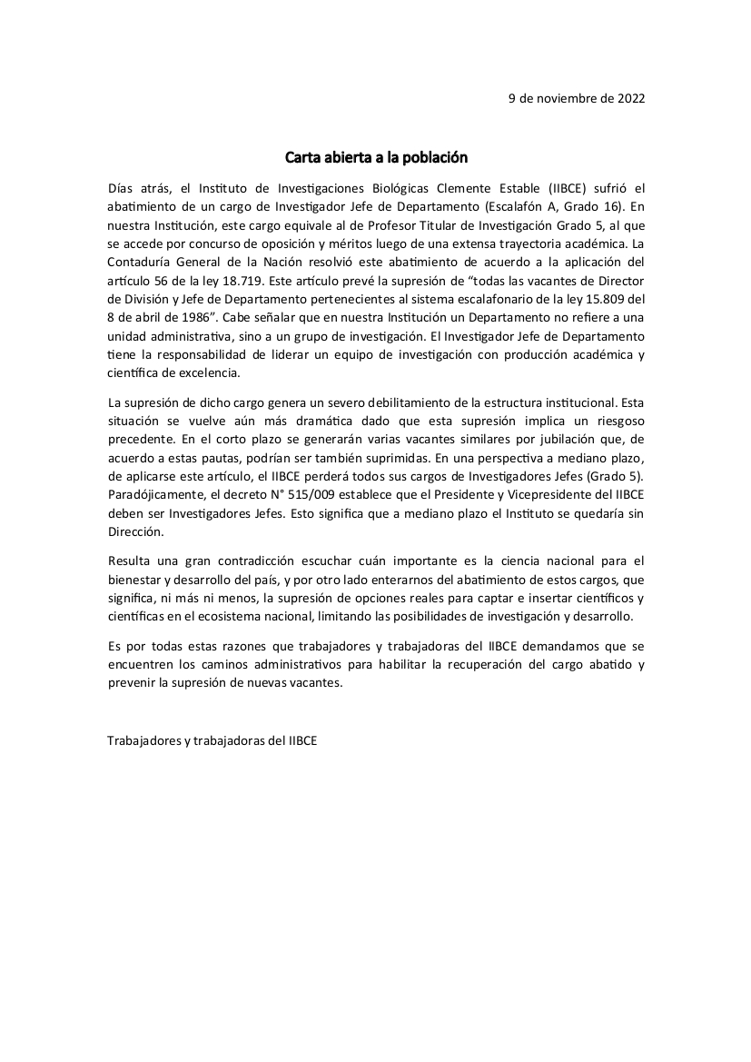 #Alarmante! 
El <a href="/IIBCE/">Instituto Clemente Estable</a> perdió un cargo de Investigador Jefe (similar Grado 5 UdelaR) y podría perder varios cargos similares.
Es imperioso e imprescindible exceptuar al <a href="/IIBCE/">Instituto Clemente Estable</a> del Artículo 56 de la ley 18.719 que elimina las vacantes de director de división y jefe de departamento
