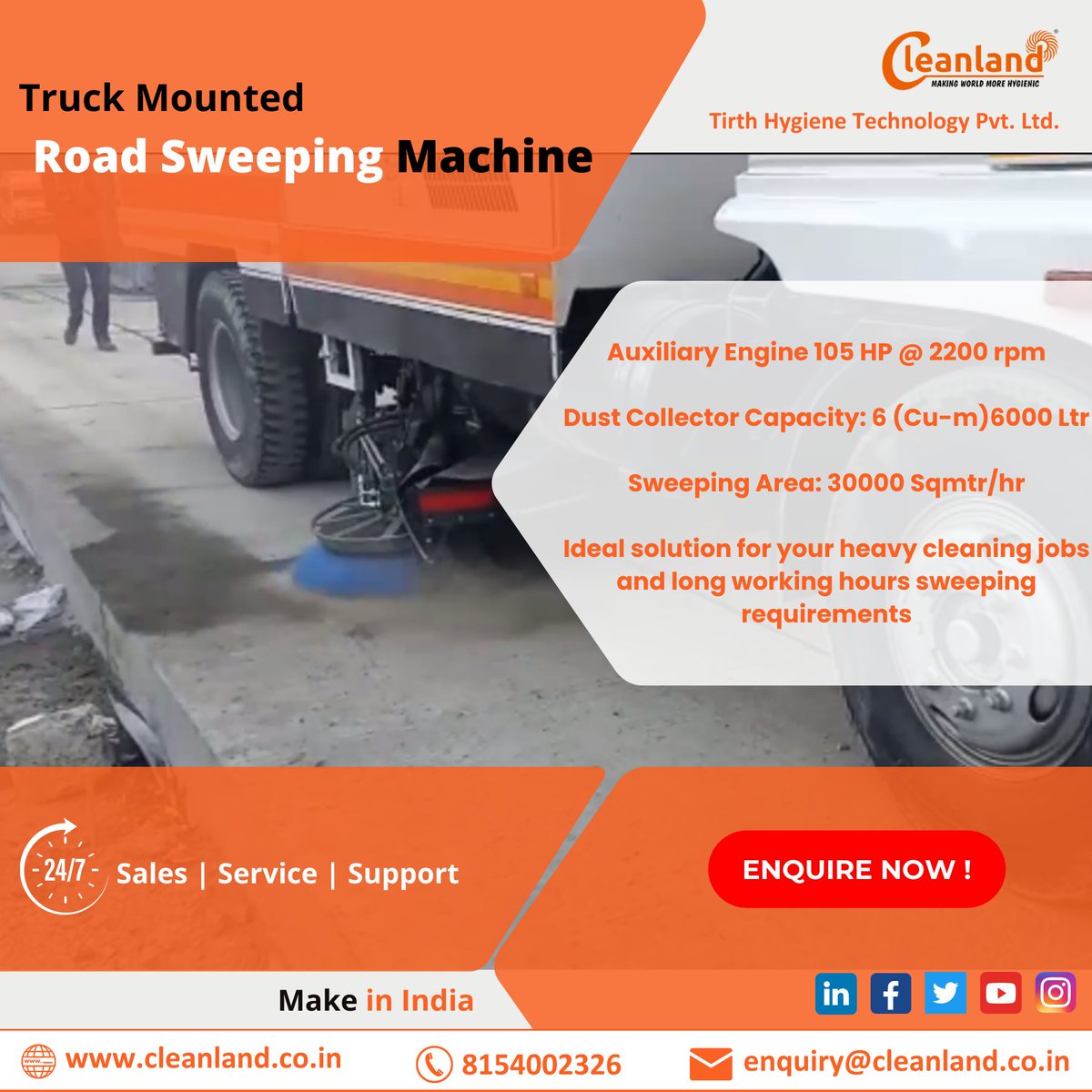 cleanlandindia's tweet photo. #Cleanland offers a #truckmounted #sweeper with 105 hp power at a 2200 rpm #auxiliary engine for powerful and long-duration cleaning.

#sweepingmachine #cleaningservices #cleanindia #makeinindia #cementindustry #chemicalindustry #pharmaceuticals #parkinglots #facilitymanagement https://t.co/o5OY3zzJNE