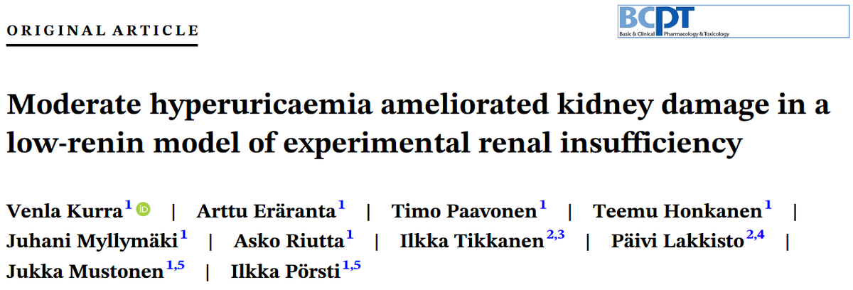 Basic & Clinical Pharmacology & Toxicology (@basclinpharmtox) on Twitter photo Moderate hyperuricemia ameliorated kidney damage in a low-renin model of experimental renal insufficiency
New study by <a href="/RiuttaAsko/">Asko Riutta</a>, @MyllymakiJuhani, <a href="/Lakkisto/">Päivi Lakkisto</a>, and colleges - study highlights 👇 Moderate hyperuricemia ameliorated kidney damage in a low-renin model of experimental renal insufficiency
New study by <a href="/RiuttaAsko/">Asko Riutta</a>, @MyllymakiJuhani, <a href="/Lakkisto/">Päivi Lakkisto</a>, and colleges - study highlights 👇