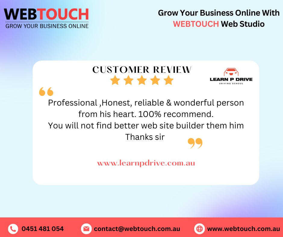 WebTouch_au's tweet image. ⭐Five Star Review⭐

If you are looking to design or upgrade your small business website, Feel free to contact us.

👇🏻Get in Touch for a Free Quote👇🏻

➡️0451 481 054
➡️webtouch.com.au
➡️contact@webtouch.com.au

#webtouch #clienttestimonial #feedback #clientdiaries