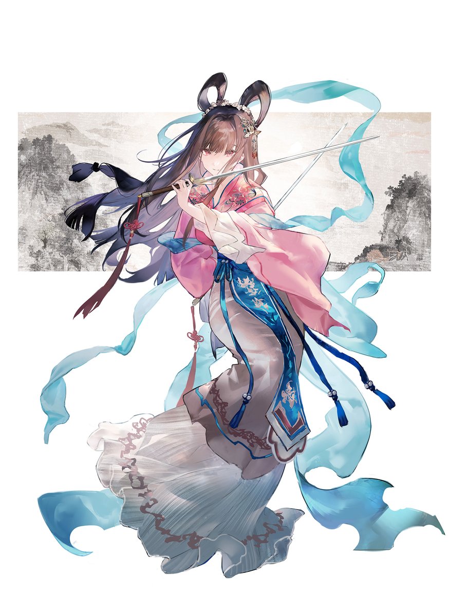 1girl solo hair rings sword long hair hanfu chinese clothes  illustration images