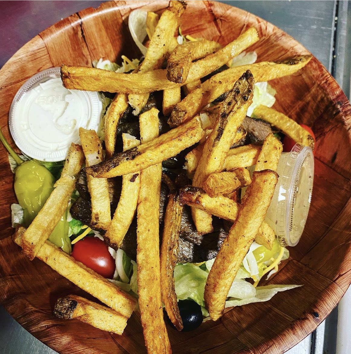 The perfect Pittsburgh style steak salad!! #Steaksalad #sirloin #pittsburghstyle #friesoneverything #weirton #weirtonwv #sportabar