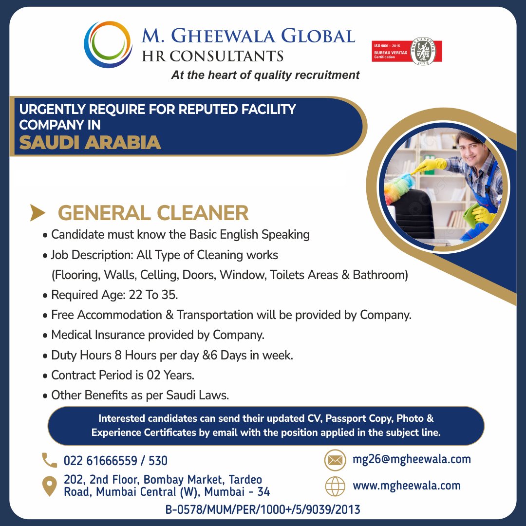 mgheewala_hrc's tweet photo. Job Vacancies for #Saudiarabia

Interested Candidates can send the updated resume to mg26@mgheewala.com

Learn More https://t.co/Ps4bxv2mB1

#cleaner #generalcleaner #cleaningjob #windowcleaner #doorcleaner #bathroomcleaner #toiletcleaner #floorcleaner #jobsinsaudi #saudijobs https://t.co/kIoNUEZ66B
