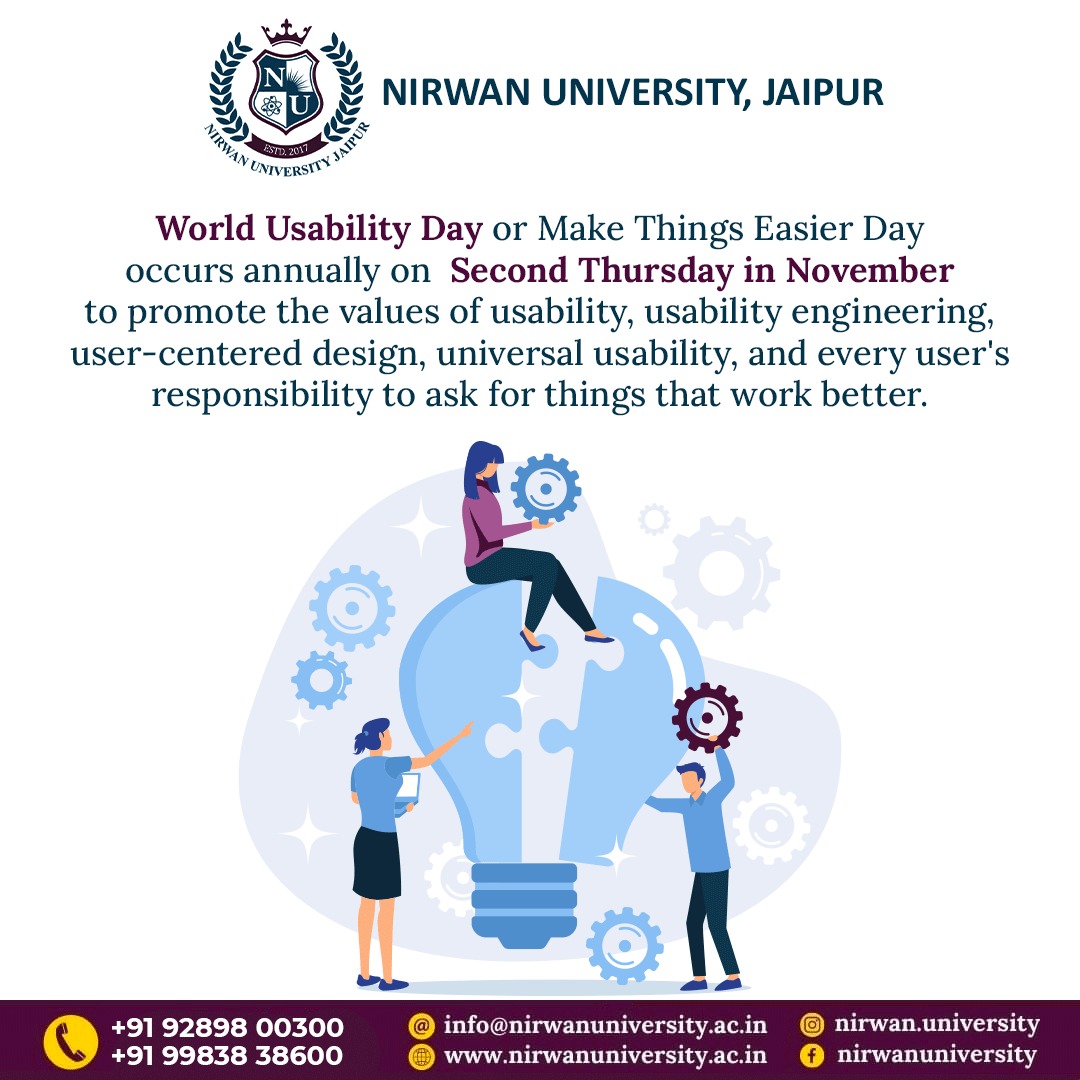 nirwanuniv's tweet photo. Today is World Usability Day, which exists to bring attention to the importance of usability and the role it can play in making a better world.

https://t.co/sh1DjW1rdh

#WorldUsabilityDay #WorldUsabilityDay2022 #UsabilityDay #WUD #NirwanUniversityJaipur #PhD #PhDcareers #Jaipur https://t.co/iq0Q0jfW2i