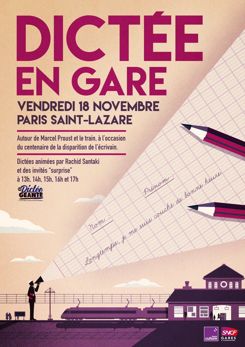 ladicteegeante's tweet image. RDV le vendredi 18 novembre à la Gare Saint-Lazare pour le lancement de DICTÉE EN GARE en partenariat avec @ConnectGares et @franceculture. Écoliers, étudiants, salariés, passants ou voyageurs rejoignez-nous pour participer à 5 dictées géantes inédites.