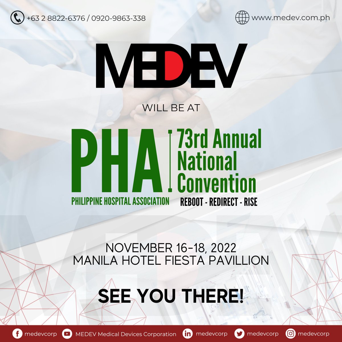 MEDEVCORP's tweet photo. MEDEV will be one of the exhibitors in the 73rd Annual National Convention of PHA, on November 16-18, 2022 at the Fiesta Pavillion of the Manila Hotel.
Special giveaways await our visitors at Exhibit Booths 1 to 4, Tent City (while supplies last).
#PHA2022
#MEDEV https://t.co/OMlqpTEcvc
