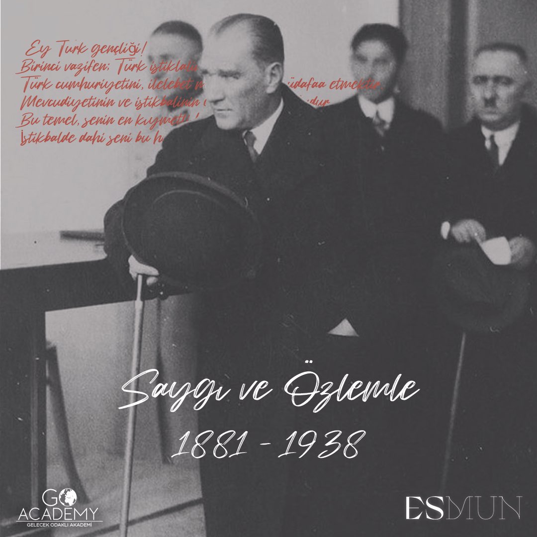 ESMUNConference's tweet photo. 84 years ago today, a pair of eyes shut into an eternal rest. Eyes of a hero, a mastermind, eyes of the Founder of Turkish Republic Mustafa Kemal Atatürk. https://t.co/g0Cs2NYN5w