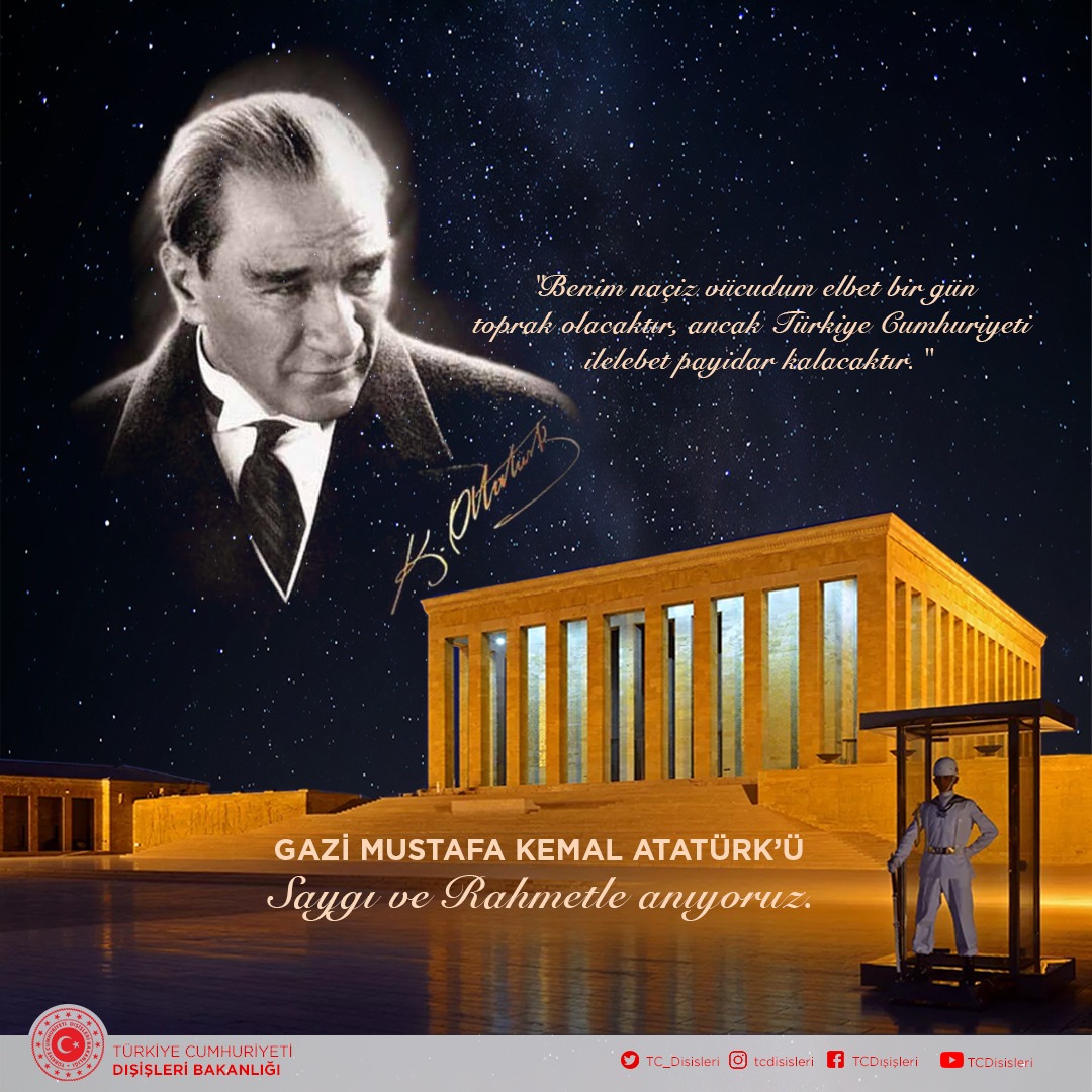 Cumhuriyetimizin kurucusu Gazi Mustafa Kemal Atatürk’ü ölümünün 84. Yıldönümünde rahmet, şükran ve minnetle anıyoruz.