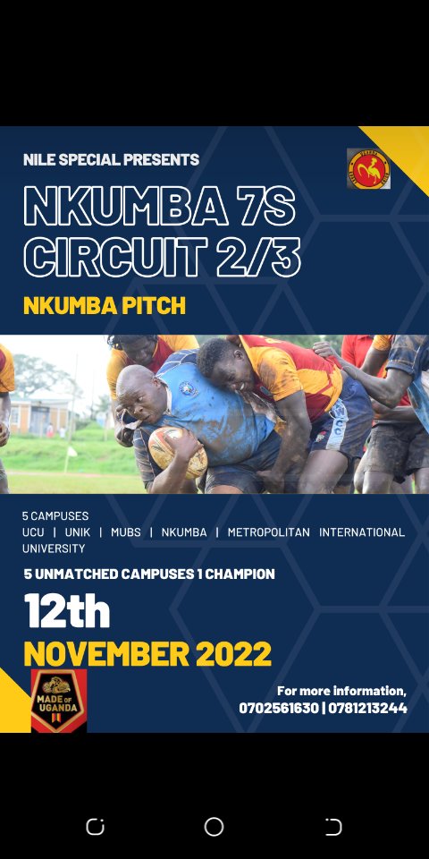 NRugbyteam's tweet photo. Nkumba 7s circuits 2/3 on the 12th of November 2022 Nkumba university grounds💪.5campuses 1 champion
#nkumbaupdates
#nkumbauni
#nkumbauninews
@NileSpecial
@UgandaRugby https://t.co/wzAACTZmyq