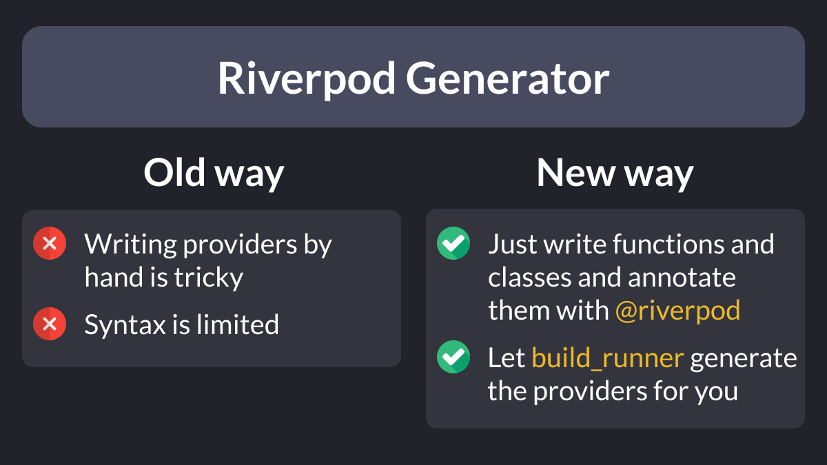 thefuturelens's tweet photo. Declaring providers by hand using Riverpod can be tricky and the syntax for passing arguments to a provider is quite limited.
What if we could simply declare functions and classes, and let build_runner generate all the providers on the fly?
#futurelens #Flutter #flutterdev https://t.co/iCn4fDMETH