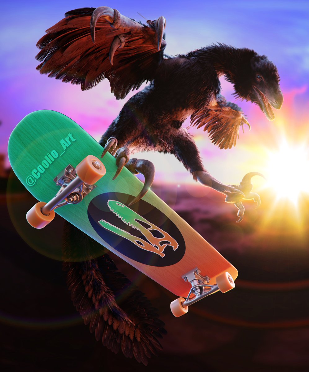 Coolio_Art's tweet photo. Did you know that recent studies have shown that dromaeosaurs used their wings to stabilize themselves while using their sickle claws to grip onto boards before hitting nasty kickflips?
#paleoart #dinosaurs #JurassicPark #skateboard #Blender3d #3dart https://t.co/972qIVy7fJ