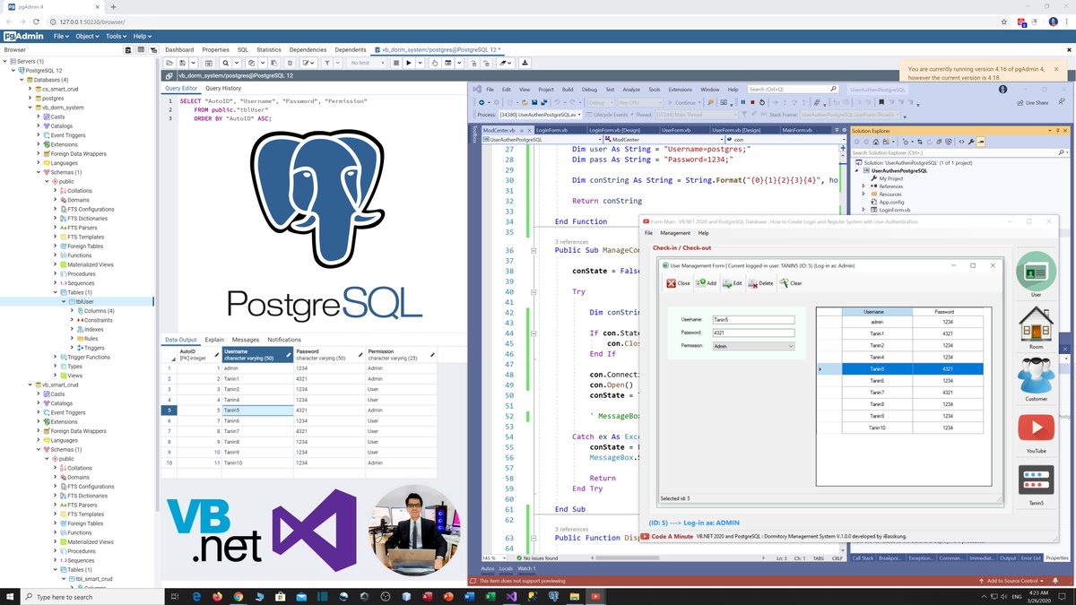 IBasskung's tweet photo. VB .NET PostgreSQL : Multi-User Role-Based Login.
Visual Basic .NET กับ PostgreSQL ระบบ login แบบแบ่งระดับผู้ใช้
👉 Source code: https://t.co/hYy4IHpepe

#VisualStudio2019 #VB #VisualBasic #PostgreSQL #LoginSystem #CodeAMinute #iBasskung #Programmer #Programming #SourceCode https://t.co/R99l4eElt6