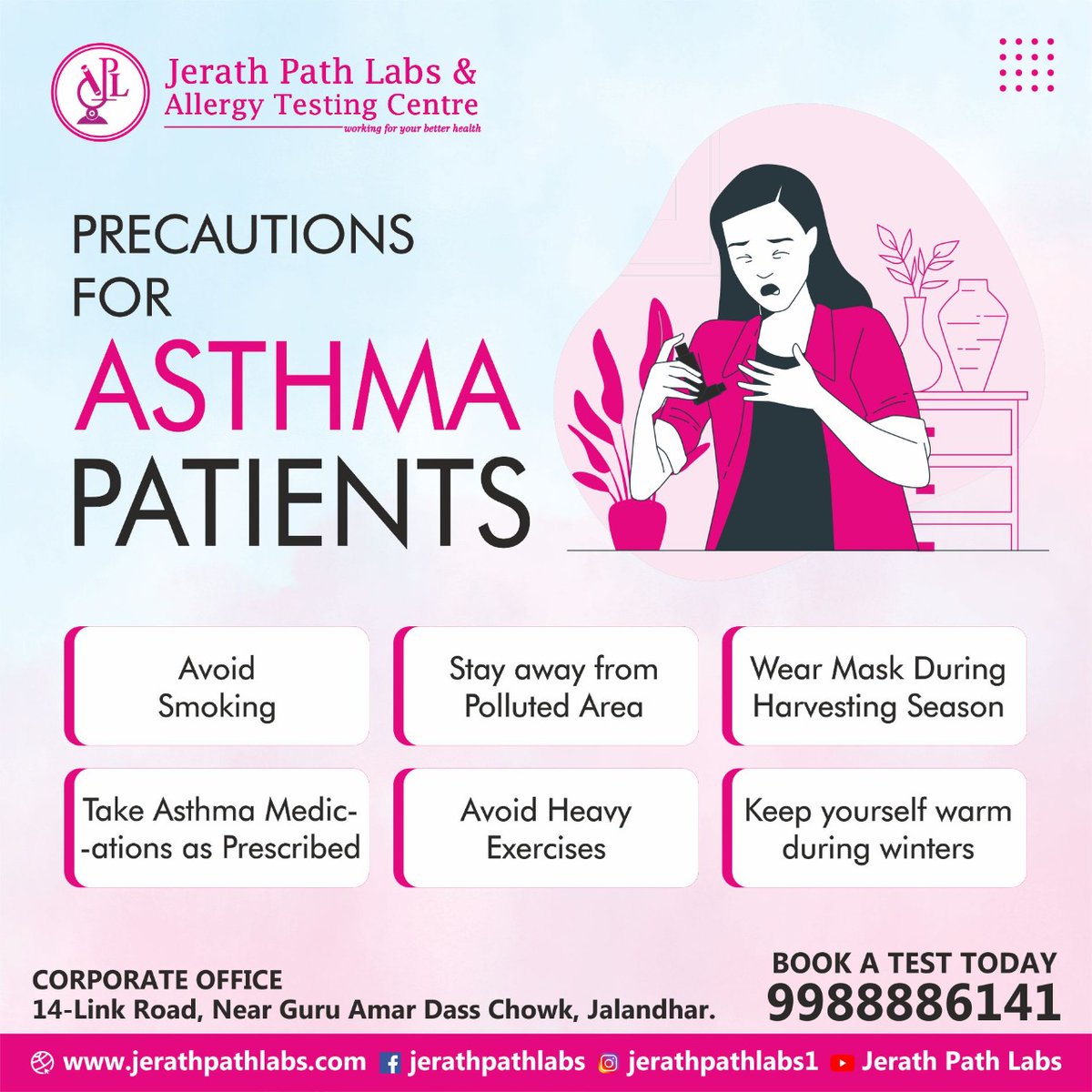 JerathLabs's tweet image. Precautions for asthma patients; 
Avoid smoking, stay away from polluted area, wear mask during harvesting season, take asthma medications as prescribed, avoid heavy exercises and  keep yourself warm during winters. 
log on: jerathpathlabs.com 

#JerathPathLabs #JPL #skin