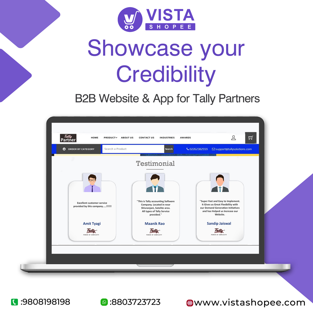 Build Trust &amp; Credibility for your business with your own Website &amp; App. Showcase client testimonials on your site and get going with your business deals easily!

Let's discuss more Call us on +91 9808 198 198

#onlinebusiness #ecommerceplatform #growbusinessonline #B2B #tally