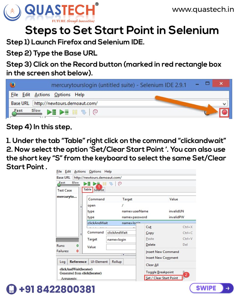 quastechinfo's tweet image. HOW to insert a Start Point in Selenium IDE?
Selenium automation course with Guaranteed Placement
Thane- 8422800381
Borivali -8422800384
Mohali- 7208008461
Location - Thane/ Borivali/ Mohali
Website - quastech.in
#quastech #seleniumprojects #IT #likeforlikes #courses