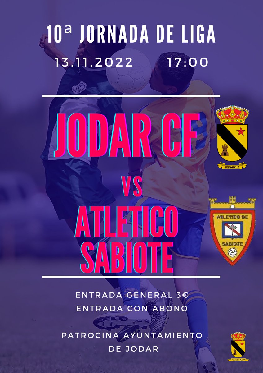Este domingo tenemos una cita importante y es que después de dos jornadas seguidas viajando jugamos como locales contra Atletico Sabiote en un encuentro donde queremos brindarle a nuestra afición la primera victoria como locales⚽️🏆💪🏽💪🏽💪🏽. Que no te lo cuenten, tod@s a animar !!!