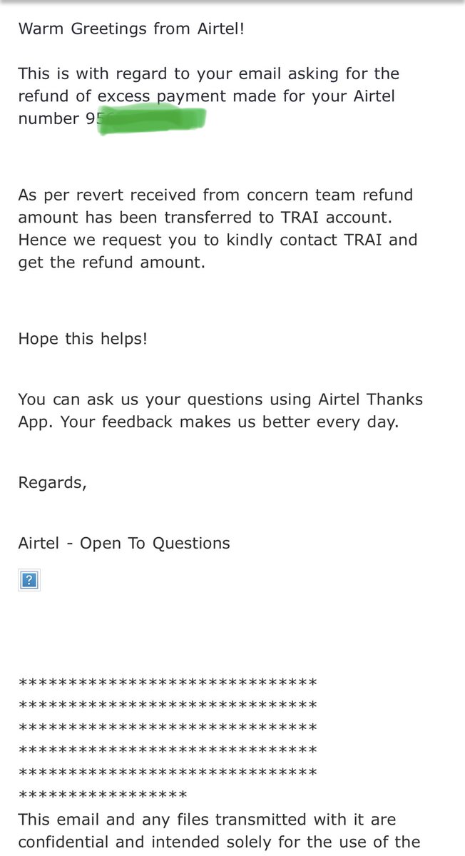 VaibK18's tweet photo. @TRAI airtel has transferred my excess amount to @TRAI , can you please refund the same @airtel please provide the details as per mail sent to me! https://t.co/HpojcmeUKN