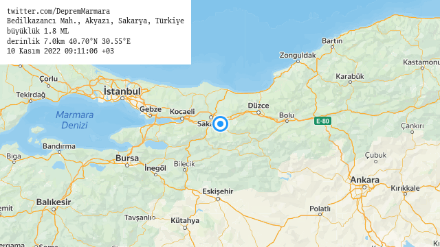 NewRoadTrip's tweet photo. Bedilkazancı Mah., #Akyazı, #Sakarya, Türkiye
büyüklük 1.8 ML (40 dk önce)
derinlik 7.0km 40.70°N 30.55°E
10 Kasım 2022 09:11:06 +03
#deprem https://t.co/KDJ9C2fcYM