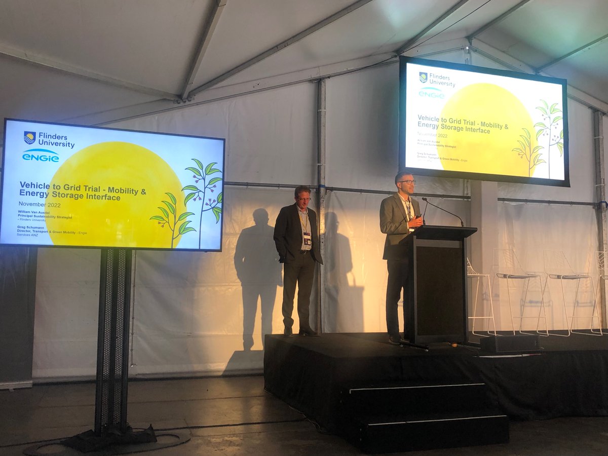 Flinders's tweet photo. @Flinders William Van Ausdel and @ENGIEgroup Greg Schumann presenting the vehicle-to-grid trial in the Technology and Storage Stream.
#FutureEnergyWeek @FutureEnergySA @NVIFlinders https://t.co/EtLOCpBaqR