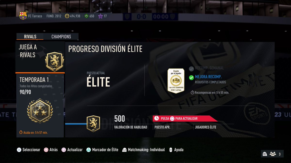Objetivo conseguido. Termino la primera temporada de #FIFA23 en Elite. 

Por los pelos me quedo fuera del primer qualy 🤣 Me han faltado 500pts para entrar en el corte...
