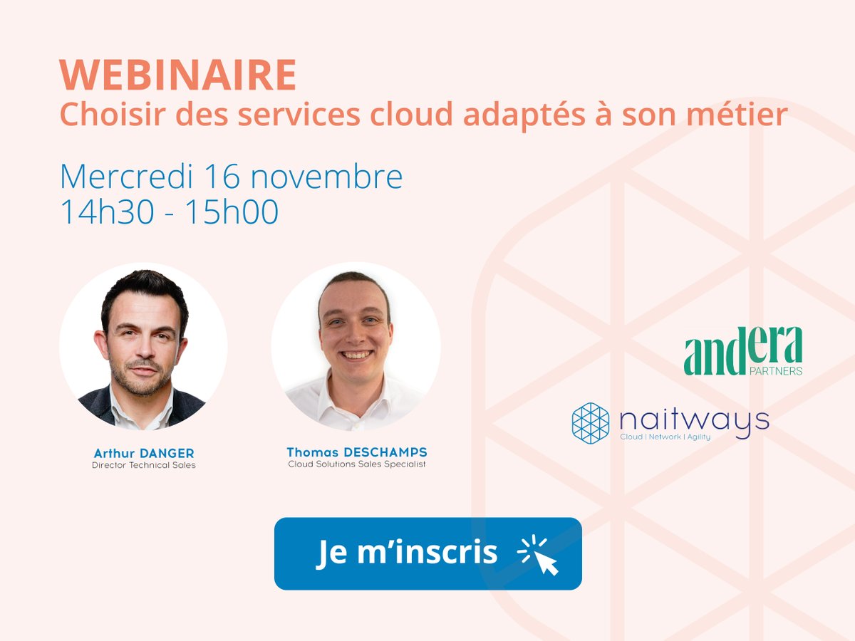 Comment pérenniser et sécuriser votre IT ? 
Thomas, commercial Cloud solutions et Arthur, Directeur Avant-ventes, vous feront part de leur expertise.
👉 Rendez-vous le 16 novembre à 14h30, inscriptions ici : events.anderapartners.com/webinaire-nait…
#webinar #cloud #solutions #sales