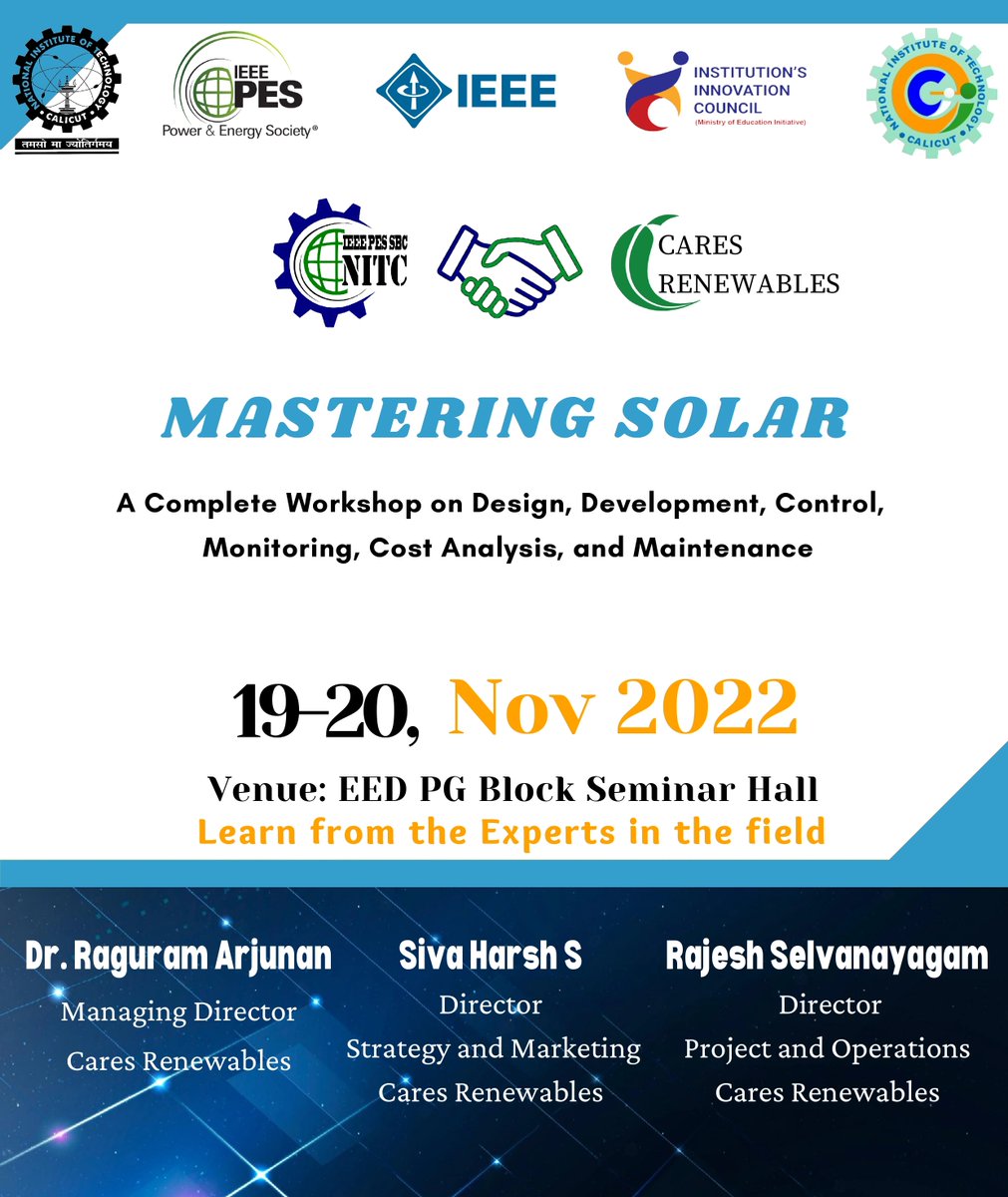 ieeepes_sb_nitc's tweet image. IEEE PES Student Branch Chapter at NIT Calicut, in association with Institution&apos;s Innovation Council (IIC), is organizing a solar photovoltaic-based energy generation systems workshop titled &quot;Mastering Solar&quot;.
Date of Workshop: 19-20 Nov
Registration Link:
docs.google.com/forms/d/e/1FAI…