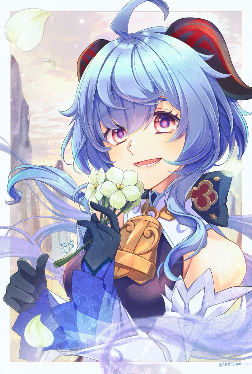 ganyu (genshin impact) 1girl solo horns blue hair bell flower gloves  illustration images
