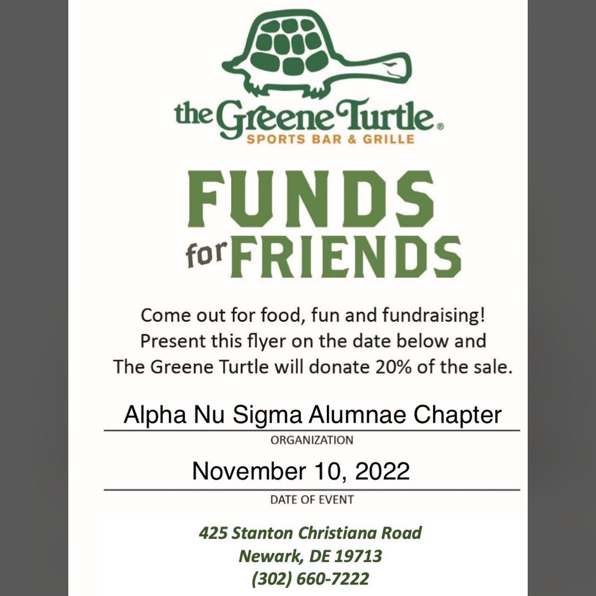 newcastlesgrho's tweet photo. Come grab a bite to eat to support the Alpha Nu Sigma Alumnae Chapter of Sigma Gamma Rho Sorority, Incorporated at Green Turtle! The fundraiser will be happening all day! Please show the "Fund for Friends" flyer to your server. https://t.co/hYllygCmn6