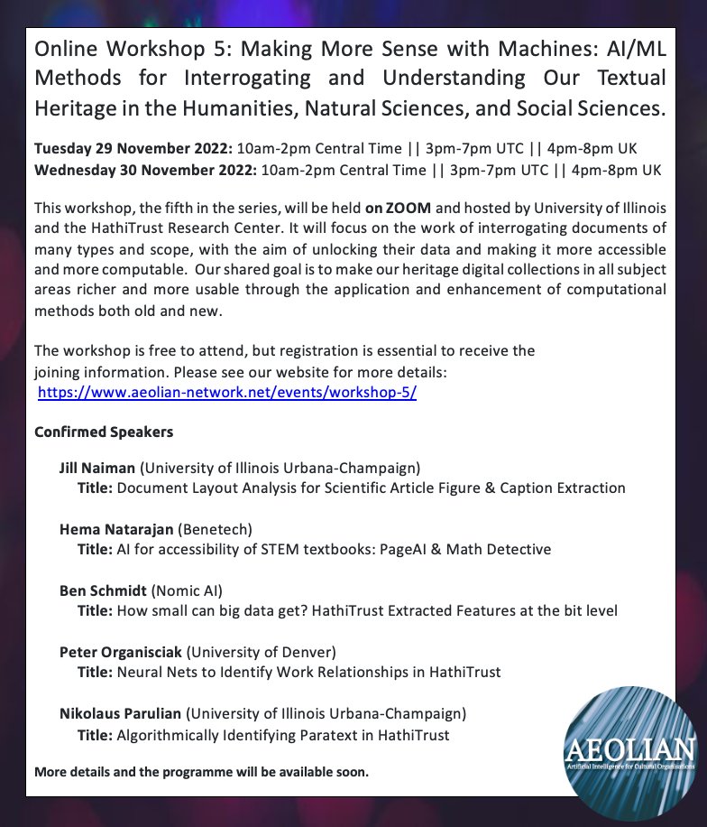 The next AEOLIAN workshop, ‘Making More Sense with Machines’ will take place on 29 &amp; 30 November on ZOOM. You can register and find out more details and updates on our website: aeolian-network.net/events/worksho… We hope to see you there!