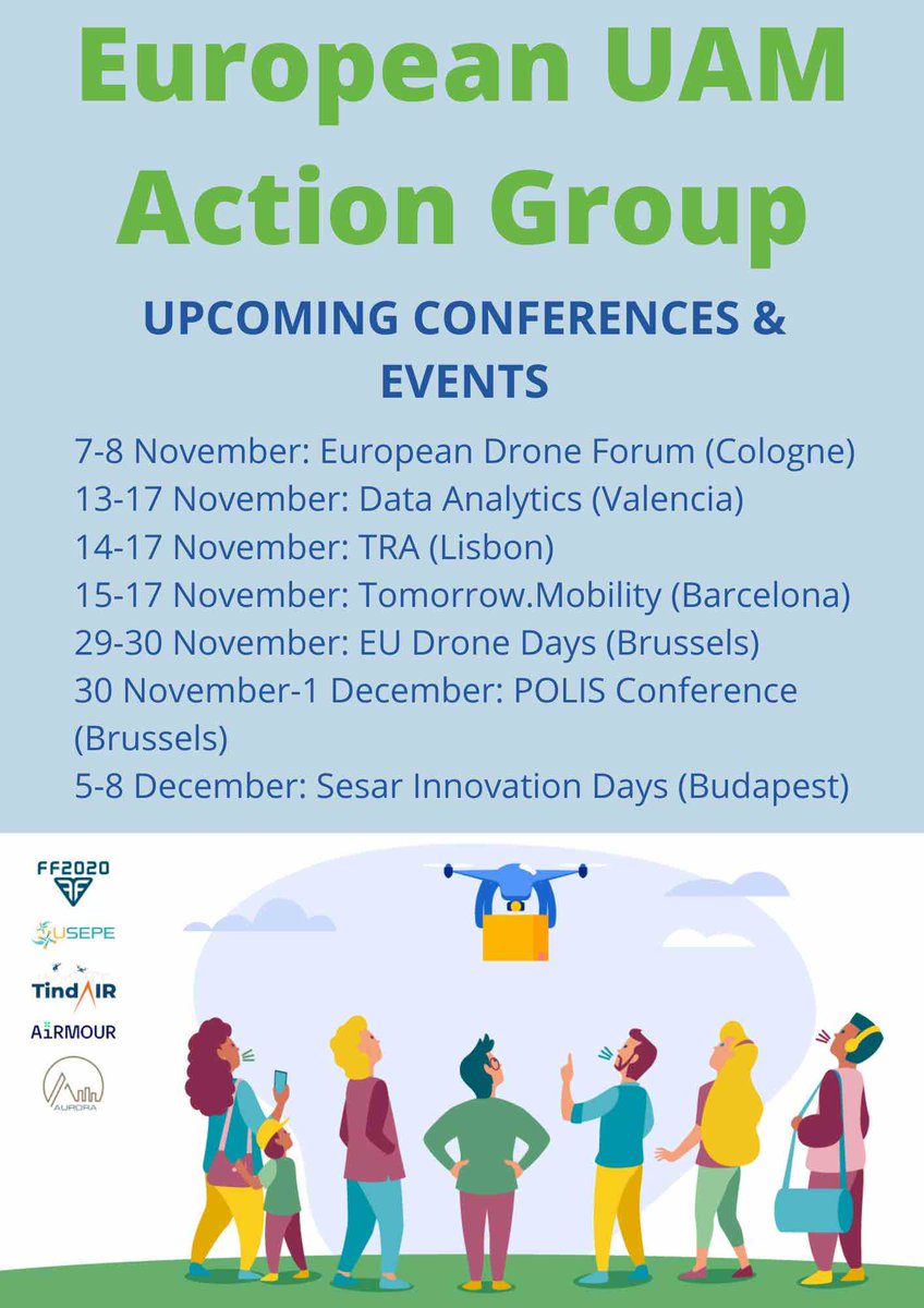 The European UAM action group: #FF2020, <a href="/UAMAurora/">AURORA</a>, <a href="/airmour_eu/">AiRMOUR</a>, <a href="/TindAIR_EU/">TindAIR</a> and #USEPE, all EU-funded projects working together on different elements of UAM, are excited to participate in upcoming conferences and events. 
👉 See the schedule here: airmour.eu/upcoming-event…
