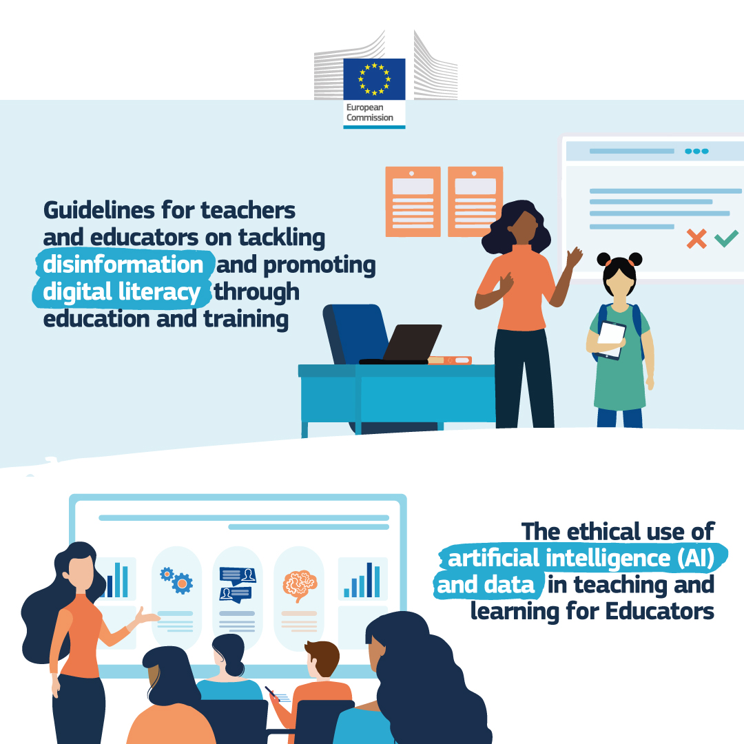 ⚠️ Teachers, we have news for you! Guidelines are now available for download to help you: 

👉 Tackle #disinformation and promote #DigitalLiteracy: europa.eu/!DHXX6v

👉 Promote the ethical use of #AI and data in education: europa.eu/!YjfkpC

#DEAP #EUDigitalEducation
