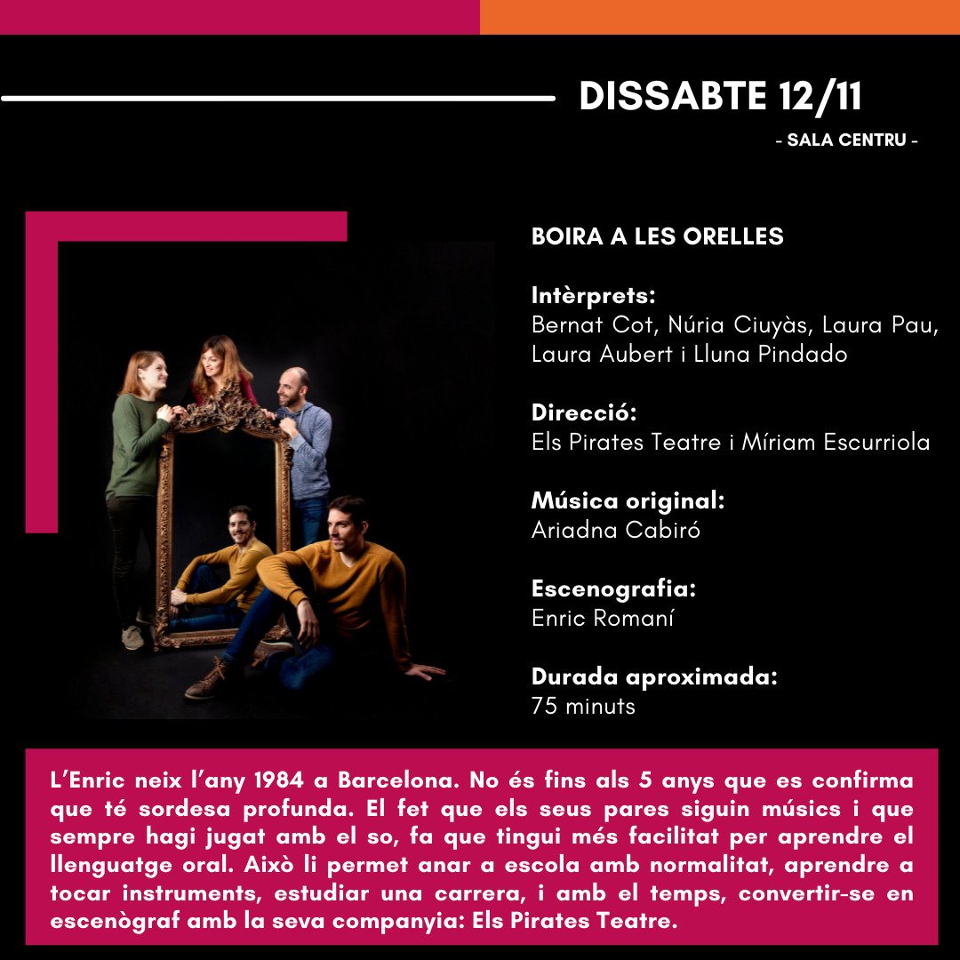 Estem molt contentes i contents de tornar a programar 'Boira a les Orelles' a la Sala Centru del #TMCanet 😍

🗓 Aquest dissabte 12 de novembre
🕐 20:30h

RESERVA LA TEVA ENTRADA
🎟 bit.ly/3fQQPTu