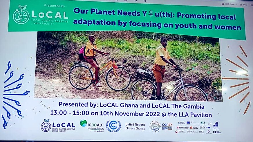 UNDP_TheGambia's tweet photo. #HappeningNow: Jankey Jassey of @FandemaMBolo 🇬🇲 participating at #LLaPavilion @UNCDF on ‘The Role of Women & Youth on Climate Adaptation’ #COP27 https://t.co/wM0d0sheZM