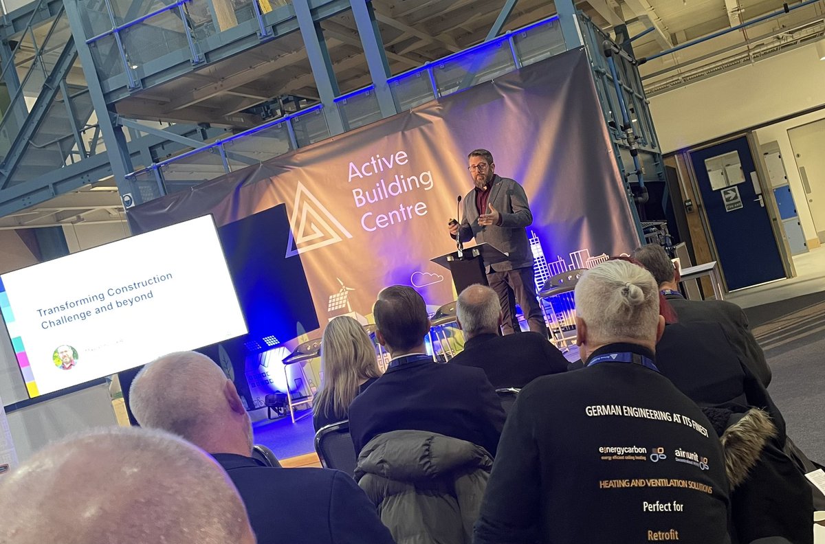 A packed hall for today’s @ActiveBuildingC showcase event. @Pittso on stage spreading the #transformingconstruction message. Looking forward to speaking later about how the @CIH_Hub is helping to deliver #netzero construction.