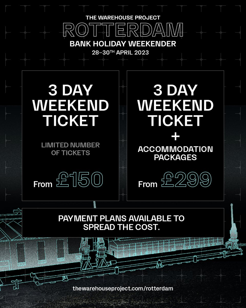 THE WAREHOUSE PROJECT ROTTERDAM

The first international WHP begins as we make the short journey to Rotterdam. Joining us for a 3 day festival across the early summer Bank Holiday will be Bicep, Peggy Gou, Kerri Chandler, Overmono &amp; many more.

Register – thewarehouseproject.com/rotterdam