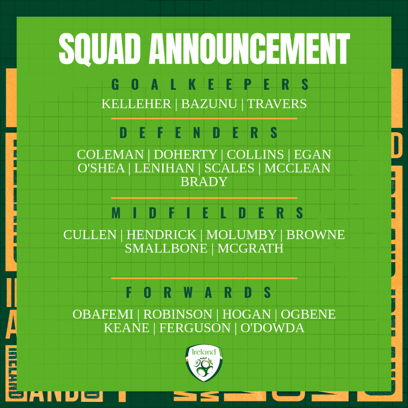 IrelandFootball's tweet photo. SQUAD ANNOUNCED | Norway &amp; Malta 

@OfficialBHAFC striker Evan Ferguson receives his first senior call-up as well as Will Smallbone 👏

Five players return to the squad including @dundeeunitedfc midfielder Jamie McGrath ⤵️

17/11 | 🇮🇪🆚🇳🇴 
20/11 | 🇲🇹🆚🇮🇪