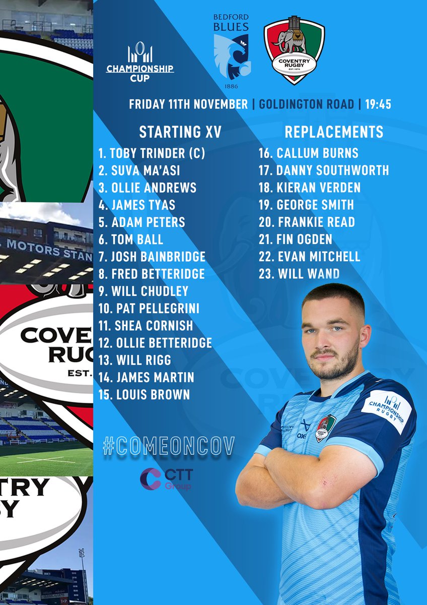 𝗧𝗲𝗮𝗺'𝘀 🆙

Your side to face <a href="/BedfordBluesRFC/">Bedford Blues</a> tomorrow night under the GR lights!💡

🔙 Chudley returns to the side.
👨‍✈️ Trinder back as captain.
6️⃣ Ball in the six shirt.

🗓 11/11 ⏰ 19:45 🏟 Goldington Road

Full team news🗞 bit.ly/3UnOTRq