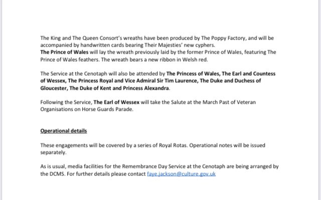 RoyaNikkhah's tweet image. Buckingham Palace has announced details of how the King, the Queen Consort and members of the royal family will mark Remembrance this week and at the Cenotaph on #Remembrance Sunday