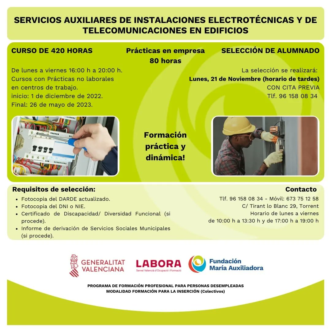 #FdMA_Torrent Os informamos que el próximo día 21 de noviembre realizaremos la selección del alumnado para los cursos del LABORA de Electricidad; y el día 22 de noviembre la selección de Servicios Auxiliares de Estética y de Peluquería. 

#ContigoTodoEsMejor