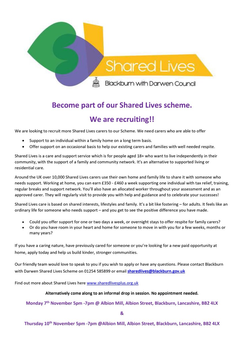 Could you offer support for 1-2 days a week,or overnight stays to offer respite for family carers? Or do you have room in your❤️&amp;🏠for someone to move in for a few weeks,months or years? 
Come down tonight between 5pm-7pm &amp; find out about what it means to be a Shared Lives Carer.