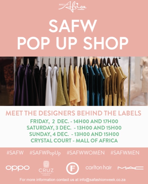 safashionweek's tweet photo. You’ll be able to meet the designers behind the label at this years #SAFWPopUp at the @TheMallOfAfrica’s Crystal Court! Pop around between 2-4 December and come see for yourself. 

#SAFW #MallOfAfrica #SAFWWomen #SAFWMen https://t.co/wRUsjVZHNd