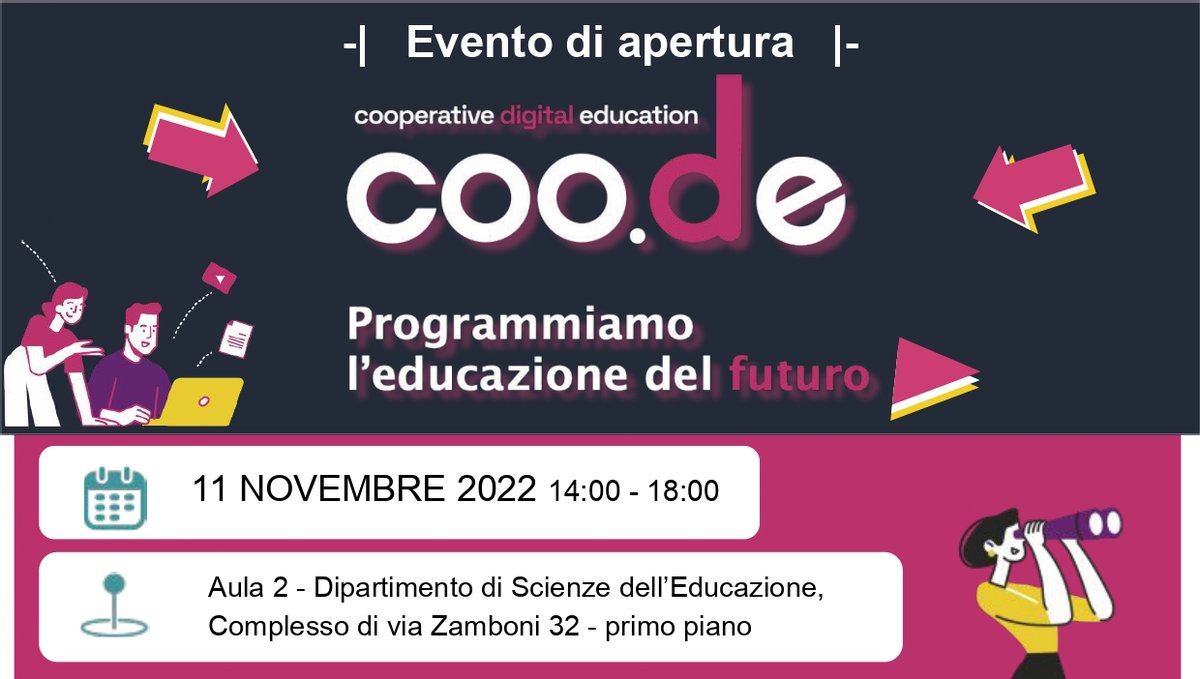 Venerdì 11 novembre saremo all'evento di apertura di Coo.de, il corso di alta formazione sul digitale per professionistə dell’educazione. Ci vediamo alle 14 nell’Aula 2, Scienze dell’Educazione - via Zamboni 32.
Progetto di <a href="/Unibo/">Università di Bologna</a> #almavicoo e #legacoopbologna
