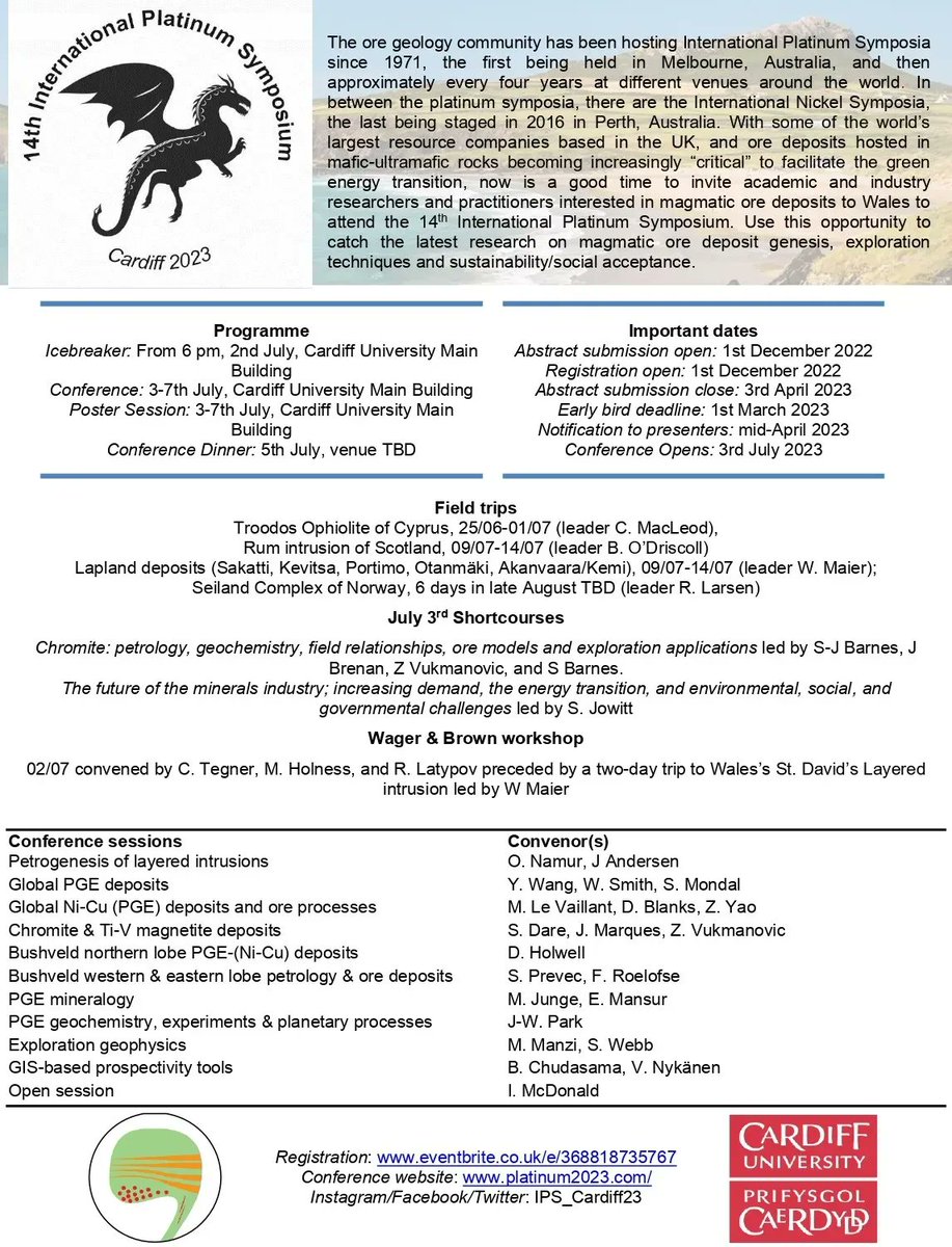 🚨 Conference Update 🚨 Sessions, shortcourses, and fieldtrips of the forthcoming Platinum Symposium to be held at Cardiff University in 2023. Share amongst your networks and hope to see many of you in Cardiff!