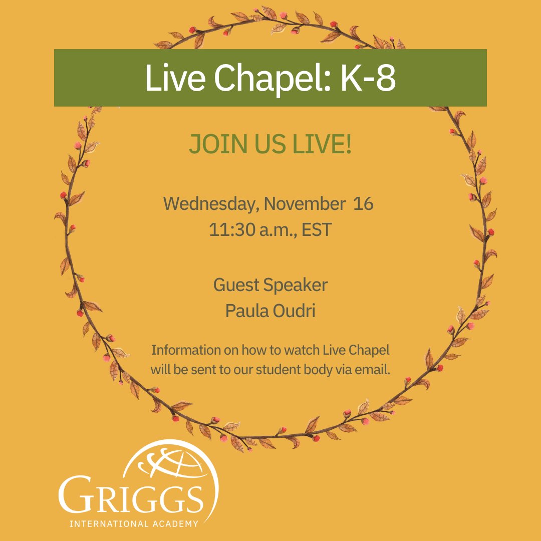 GriggsK12's tweet photo. Correction for K-8 Live Chapel. Our special guest speaker is Paula Oudri! Make sure to check your Griggs email for details. We hope to see you there!

#GiggsK12 #GriggsLIFE #workship #annoucement #education https://t.co/vRCf1t7xoN