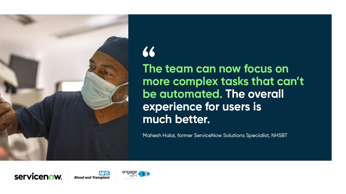OdeRanitz's tweet photo. To continue the work of managing vital medical information, NHSBT worked with ServiceNow to automate dozens of processes that have saved over 650 hours of agent time allowing for more focus on the patient experience. https://t.co/hkswZofGDA https://t.co/AlOV91RdYQ