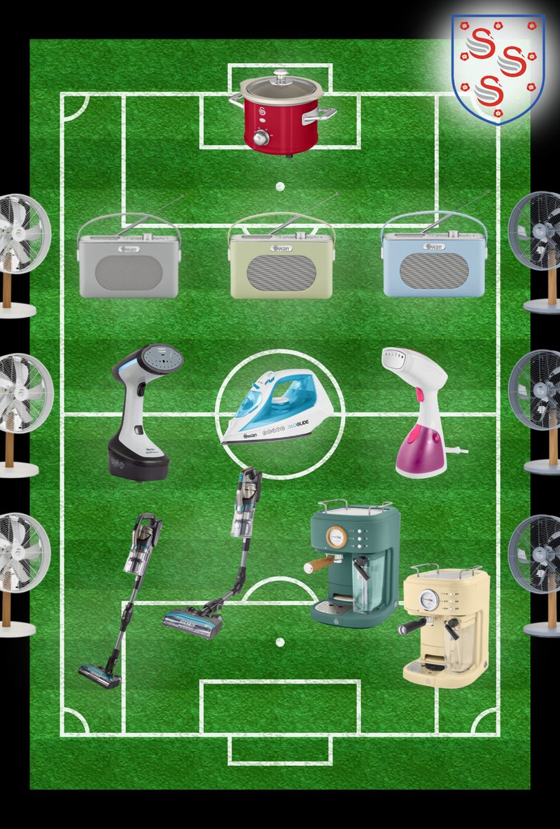 SwanBrandUK's tweet photo. Our World Cup 11 for Swangland. Ft. defensive radios ready to channel; garment steamers in the middle to iron out the creases; strikers with 'one touch' control or a long cordless run time; and a slow cooker stewing in goal⚽
#ThreeLions #ThreeSwans #WorldCup #England https://t.co/9CFq7VYmmk