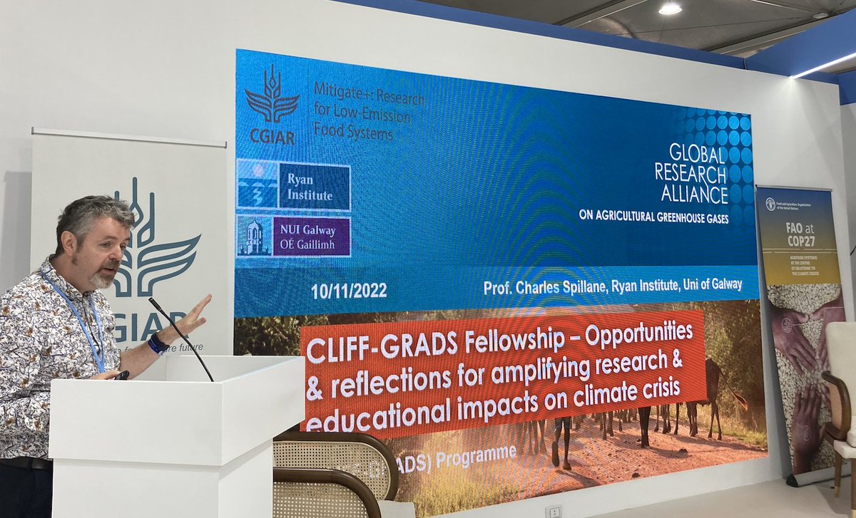 Prof. <a href="/CharlesSpillane/">CharlesSpillane</a> from <a href="/uniofgalway/">Ollscoil na Gaillimhe | University of Galway</a> <a href="/RyanInstitute/">Ryan Institute @ University of Galway</a> at @COP27 #ClimateSummit presents on #climatecrisis impacts from <a href="/GRA_GHG/">GRA</a> <a href="/cliffgrads/">CLIFF-GRADS</a> fellowship program

bit.ly/3UMOvvQ

CLIFF-GRADS funded by <a href="/MPI_NZ/">Ministry for Primary Industries</a> &amp; <a href="/CGIAR/">CGIAR</a> MITIGATE+, disbursed by <a href="/RyanInstitute/">Ryan Institute @ University of Galway</a> <a href="/uniofgalway/">Ollscoil na Gaillimhe | University of Galway</a>