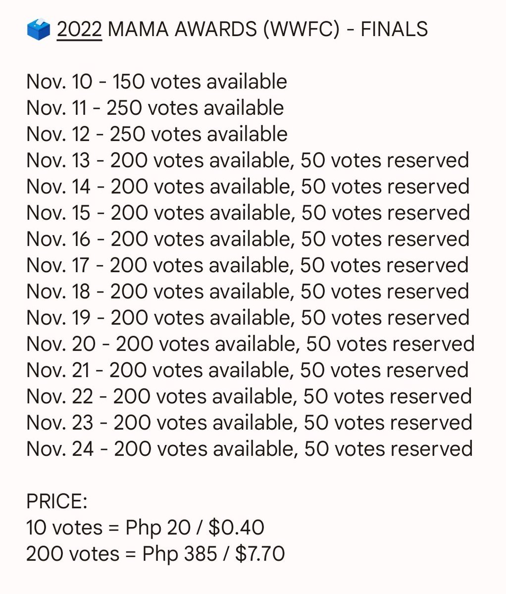 kuromivotes's tweet photo. 🗳️ 2022 MAMA AWARDS WORLDWIDE FAN'S CHOICE (WWFC) FINALS

availability below 🔽

mop: gcash / paypal + fees
dm to avail! 📩

t. wts lfb mama votes https://t.co/0eVyCU9Ev6