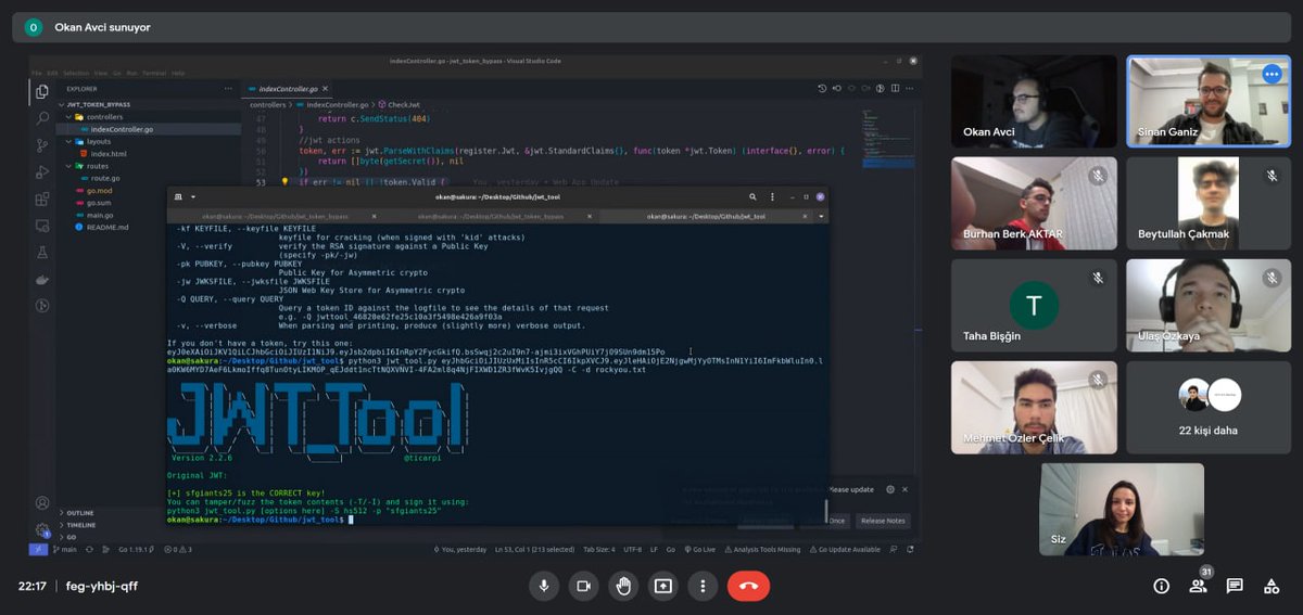 siberyavuzlar's tweet image. Aramıza yeni katılan arkadaşlarımızla siber güvenlik eğitimlerimiz &quot;JWT (JSON Web Token) Bypass Teknikleri&quot; konusu ile devam ediyor. Keyifli anlatımı için @OkanAvc16 &apos;a teşekkür ederiz.
@siber_vatan #jwtbypass