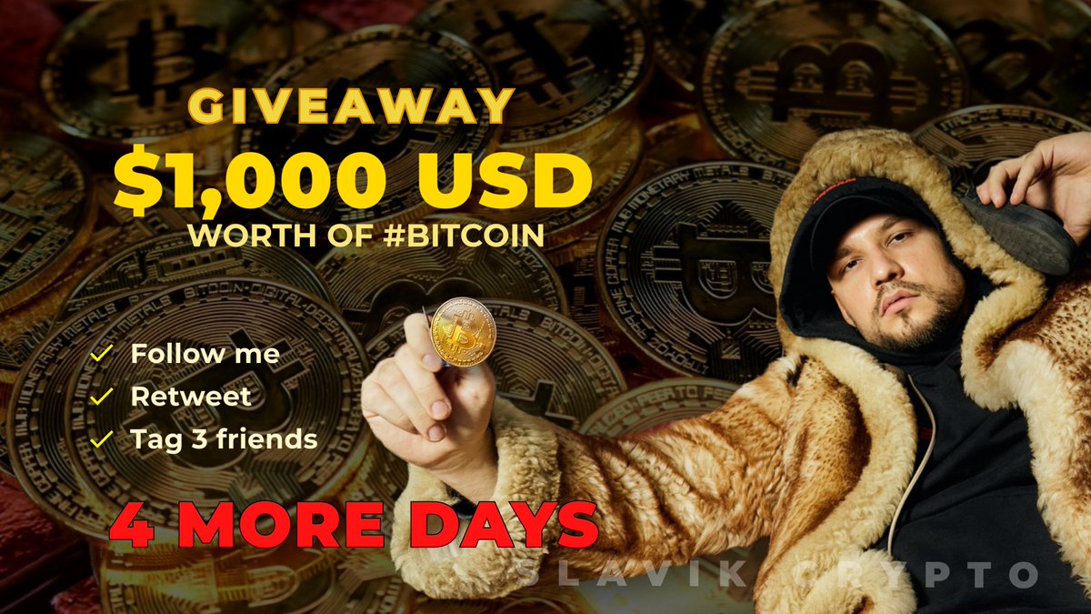 Bratans! WE GIVE 4 MORE DAYS for Giveaway $1,000 USD worth of #Bitcoin to 1 follower 💰

To participate you need❗

1️⃣ Follow my twitter 
<a href="/slavikcrypto/">Crypto Bratan</a>
2️⃣ Retweet this tweet
3️⃣ Tag 3 friends in the comments

🕛 The winner will be chosen on the 14th of November🕛

#Giveaways